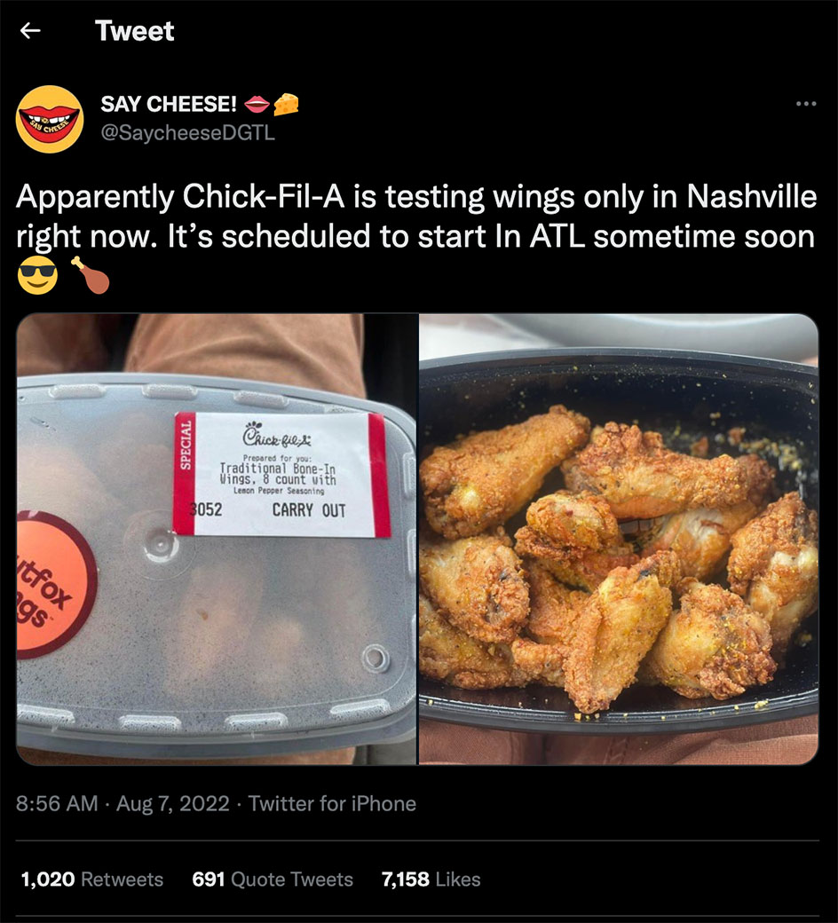 Twitter Is Buzzing With Rumors of ChickFilA Testing Chicken Wings in